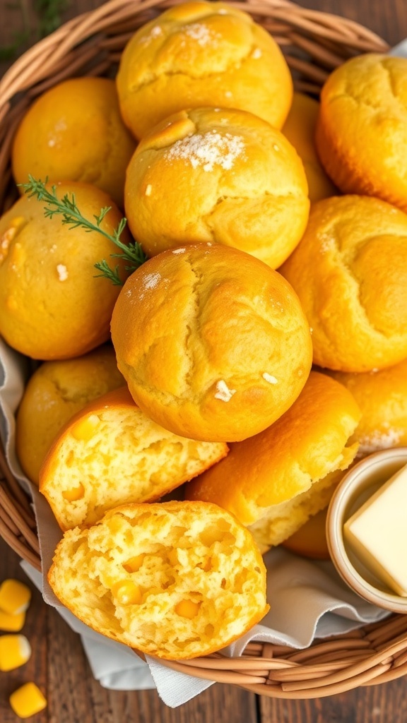 A basket of golden brown sweet corn muffins on a wooden table, with some muffins broken open to show the soft interior.